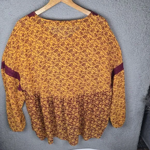 Lane Bryant Plus Boho Floral Blouse 18/20 Burgundy Mustard Yellow Trendy Flowy - Picture 10 of 10